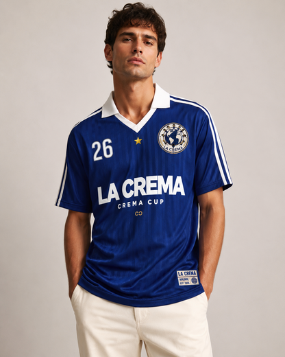 Male model wearing royal blue La Crema Crema Cup jersey front view