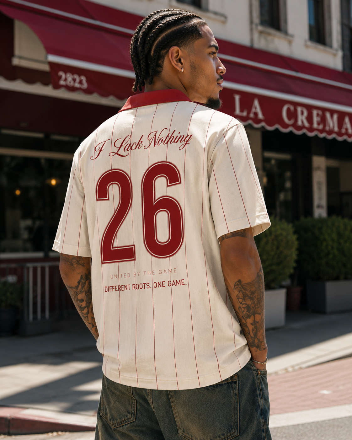 Cream and burgundy La Crema Crema Cup jersey back view with number 26